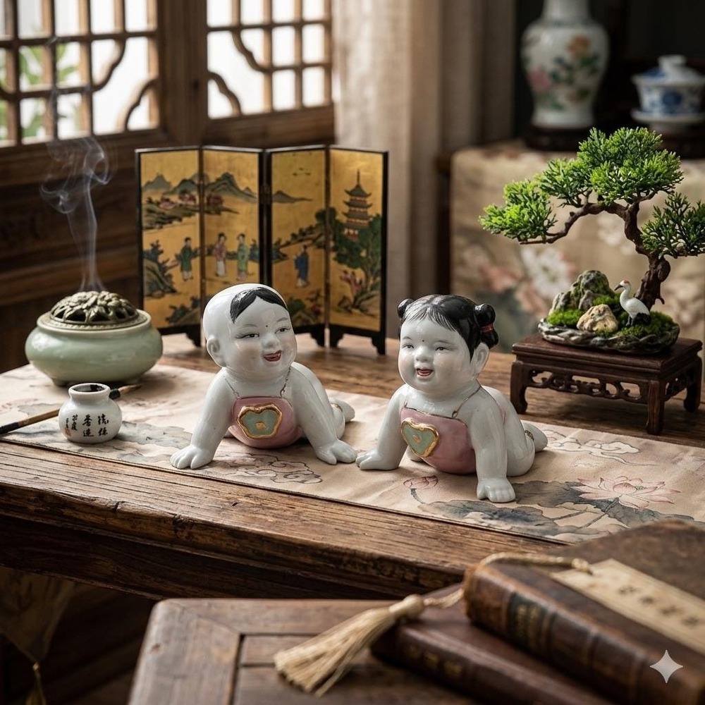 Vintage Chinese Porcelain Crawling Baby Figurines Set Boy Girl Ceramic Statue